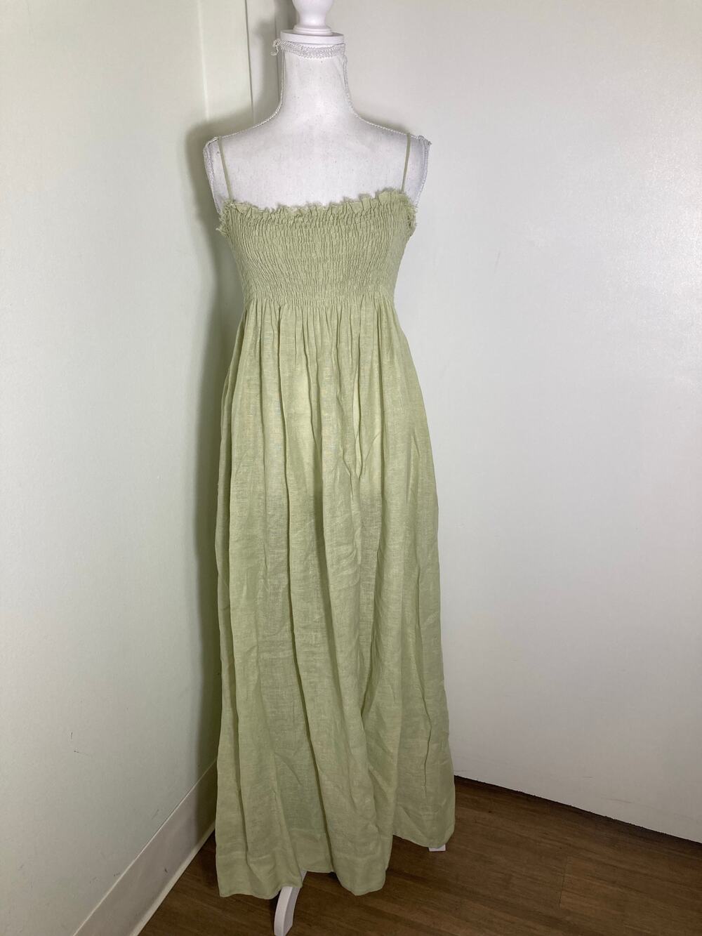 Three Graces Sage Green Smocked Maxi Linen Dress Sz10